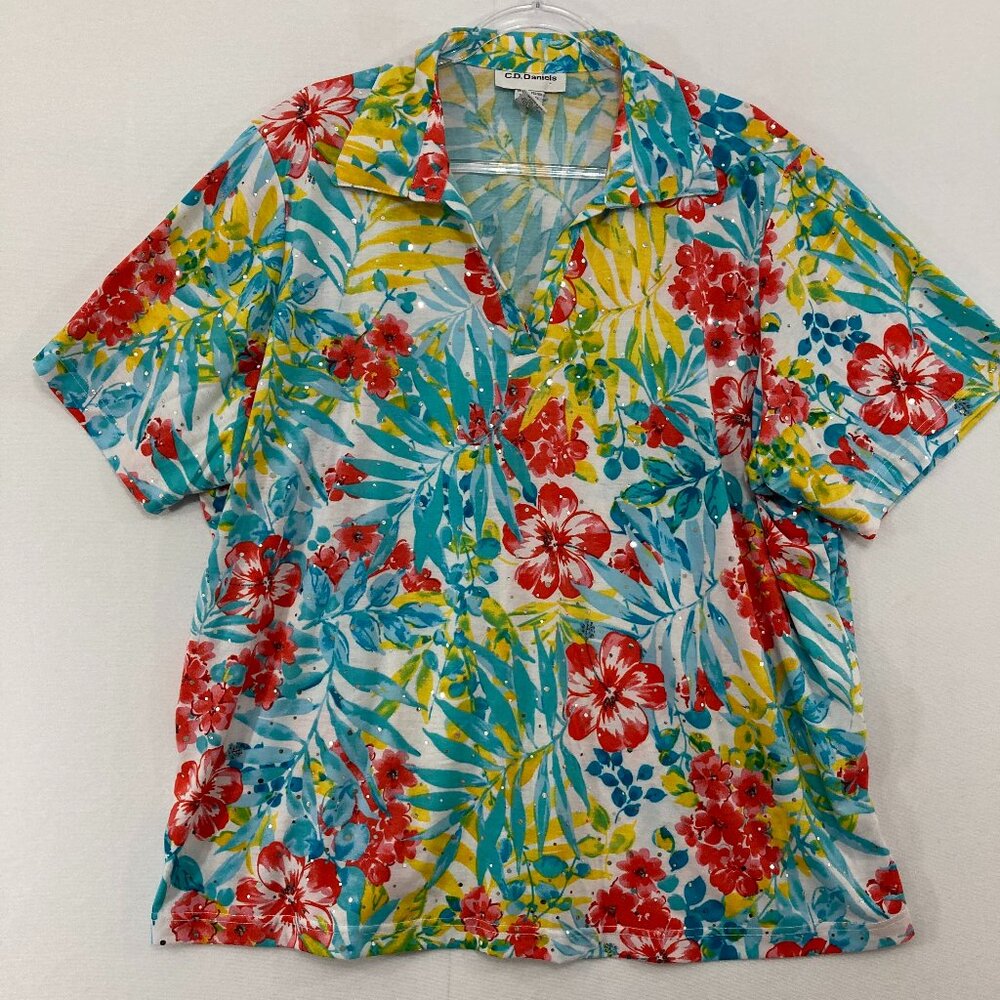 Cd Daniels Top size 3X Colorful Floral Sparkling‎ Short Sleeve Stretch Vacation